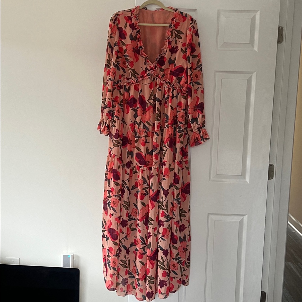 Floral Boho Pink Ruffle Women's Long Sleeve Deep V-Neck Maxi Dress